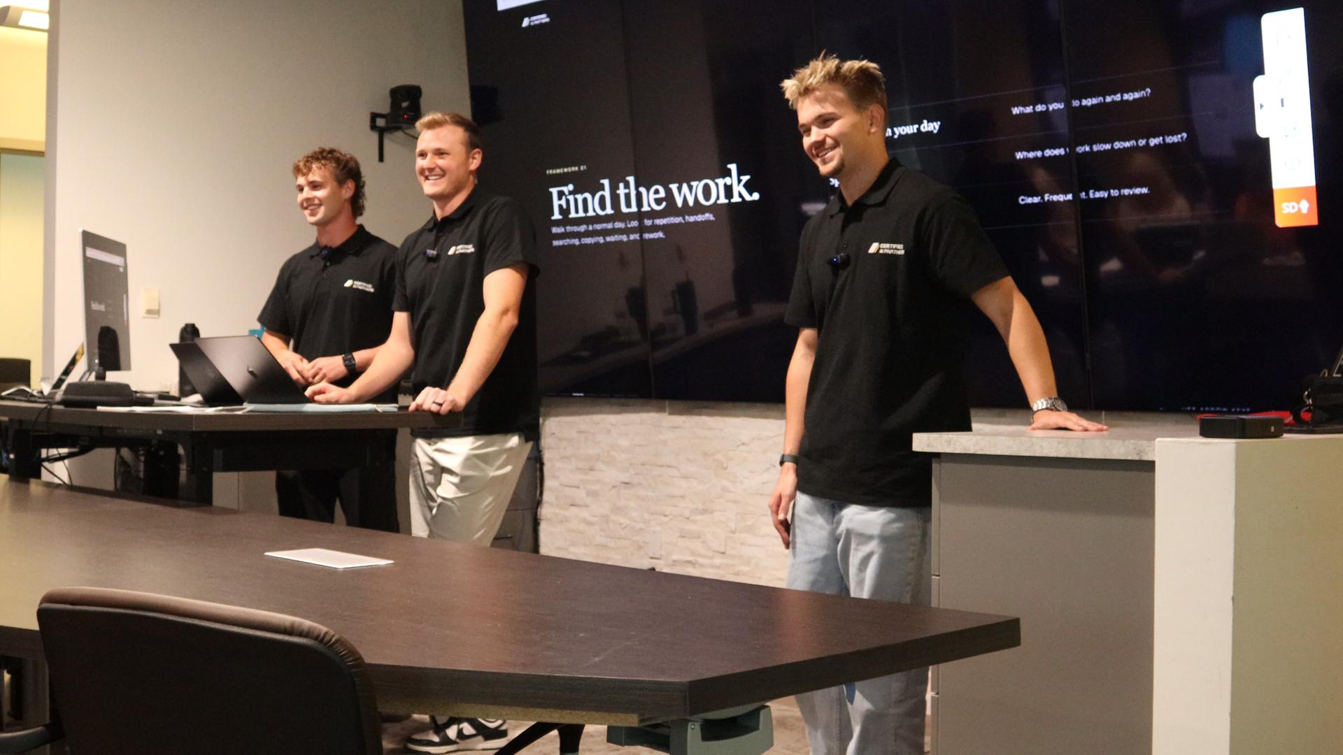 The Certified AI Partners founders presenting their 'Find the work' framework at an executive AI briefing in Sandy, Utah